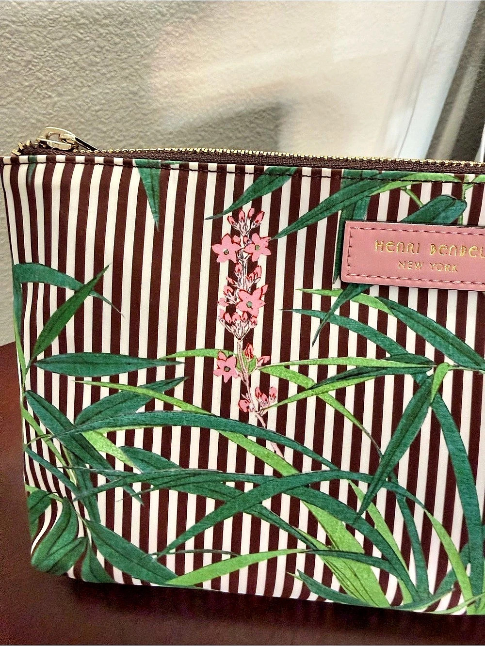 Henri Bendel Centennial Stripe Tropical Floral Large Cosmetic Pouch New - Picture 5 of 9